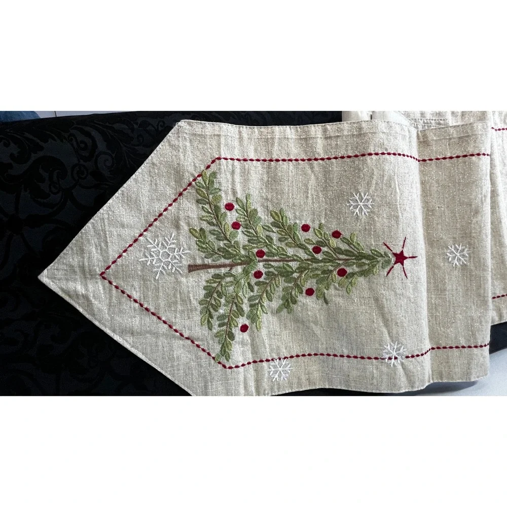 Christmas Tree Embroidered Table Runner Gold Metallic Snowflakes Neutral 72